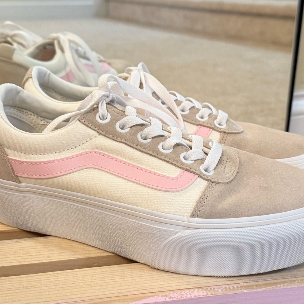 Vans Pink and Cream Old Skool Sneakers with Platform Sole